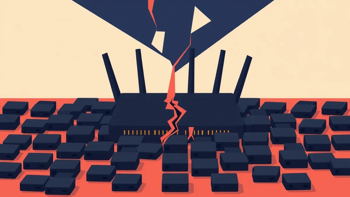 Illustration: A jagged red crack splits the seamless surface of a black network router.