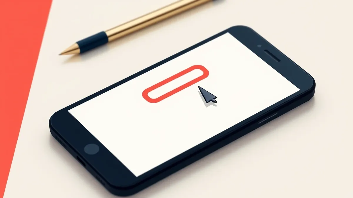 Illustration: A sleek black smartphone rests on a white desk, its screen displaying a web browser window with a single, ominous red hyperlink hovering over a blank white page.