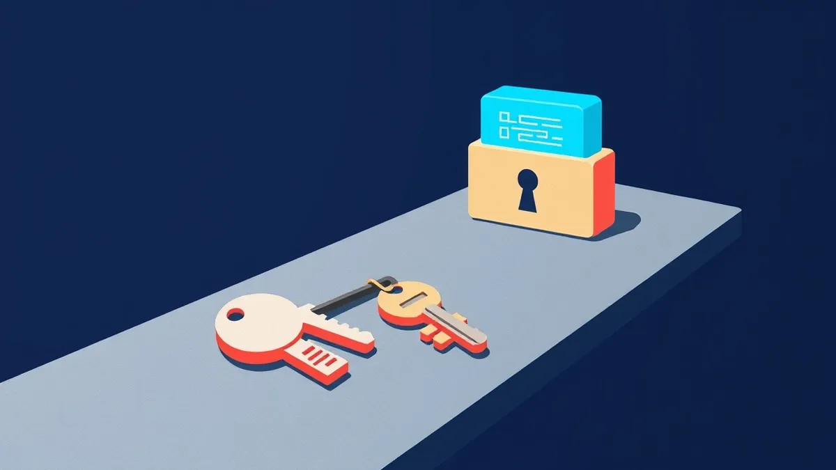 Illustration: A sleek metal key rests on a cold steel surface, positioned far away from a glowing blue data container.