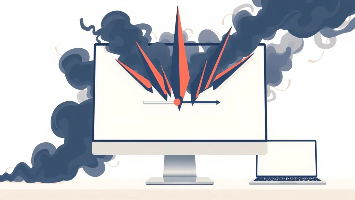 Illustration: A sleek product configuration interface floats on a blank monitor, its geometric sliders twisted into sharp, jagged spikes that pierce through the screen.