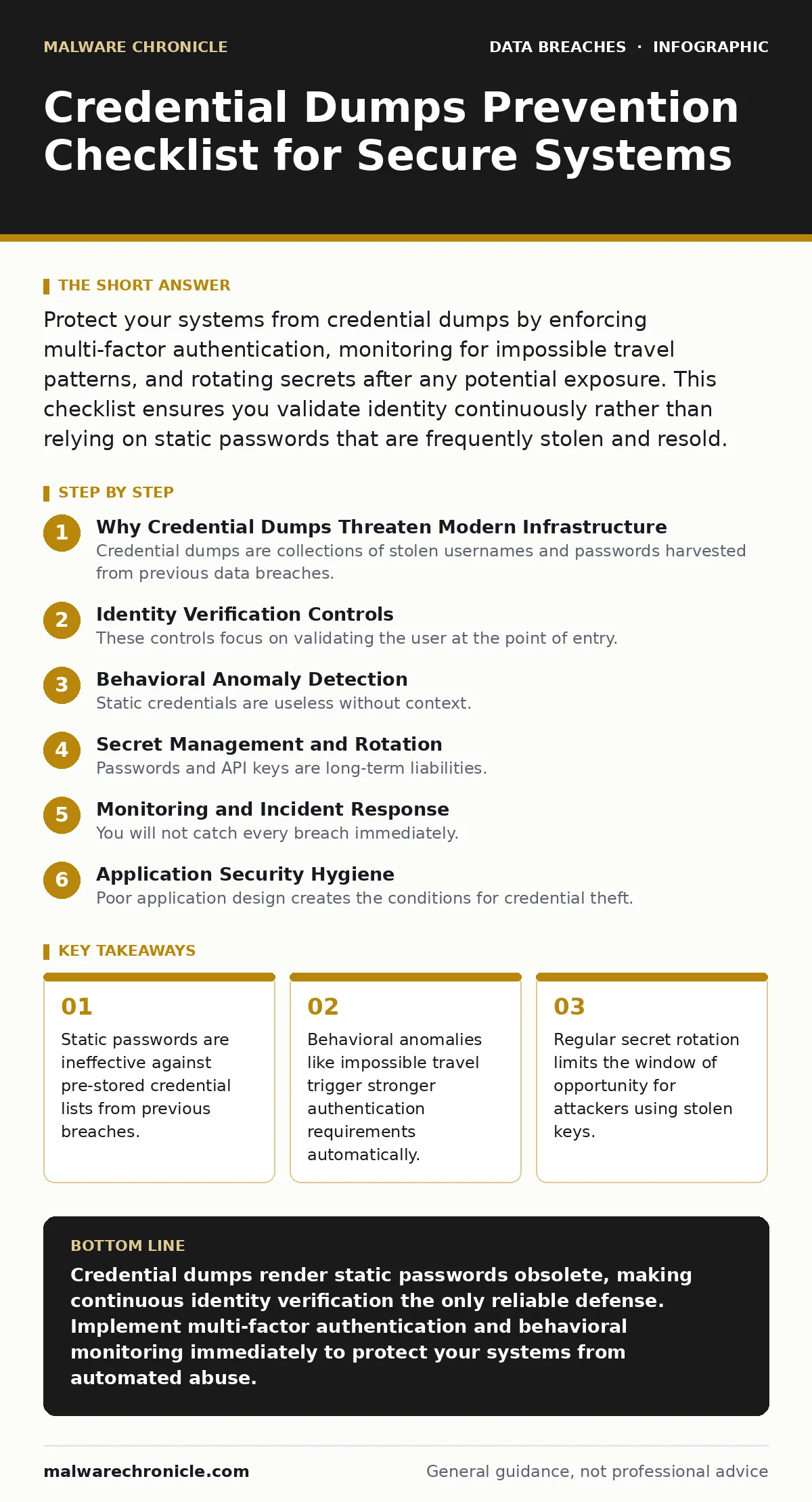 Infographic: Credential Dumps Prevention Checklist for Secure Systems. Static passwords are ineffective against pre-stored credential lists from previous breaches. Behavioral anomalies like impossible travel trigger stronger authentication requirements automatically. Regular secret rotation limits t