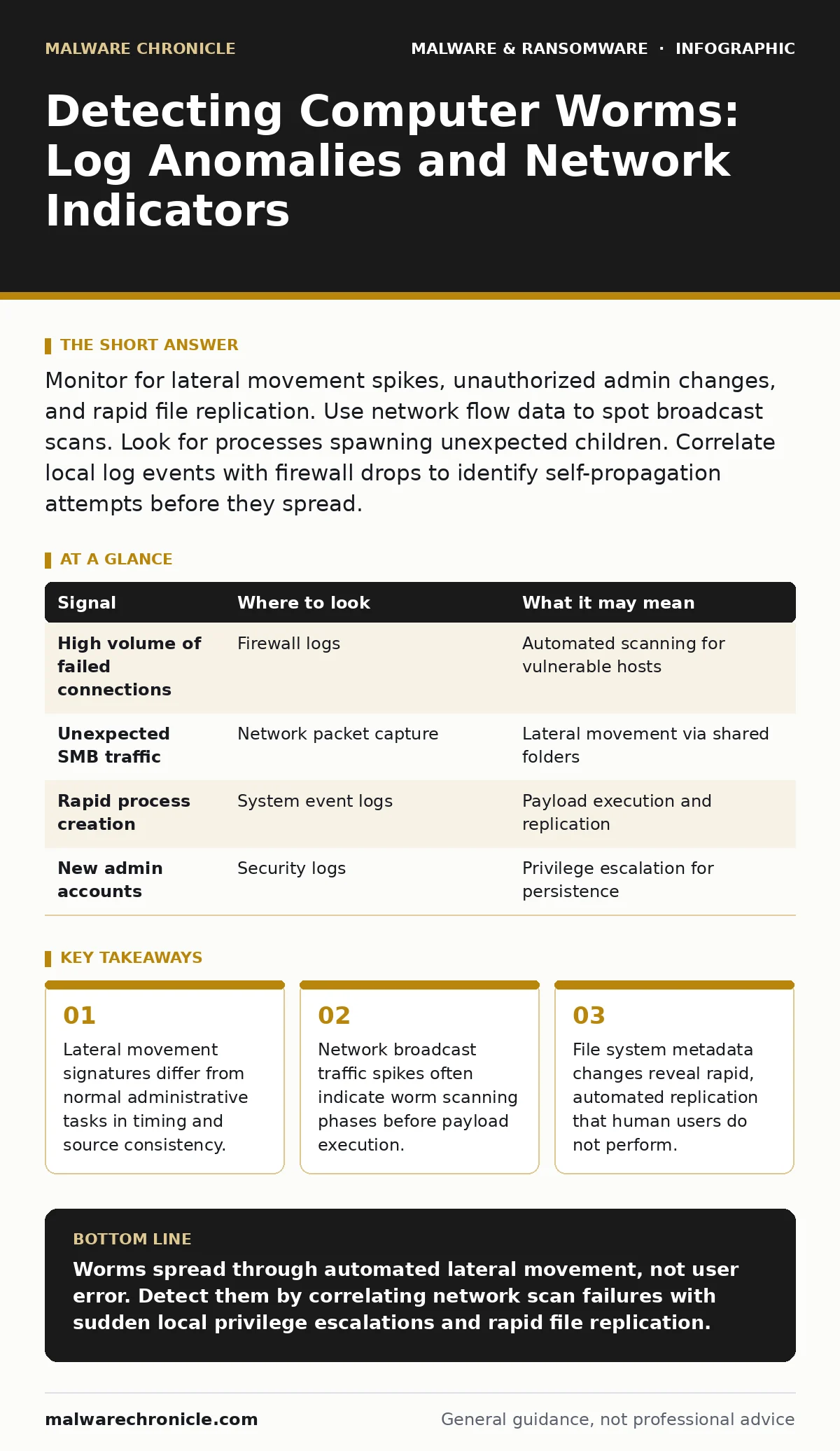 Infographic: Detecting Computer Worms: Log Anomalies and Network Indicators. Lateral movement signatures differ from normal administrative tasks in timing and source consistency. Network broadcast traffic spikes often indicate worm scanning phases before payload execution. File system metadata chang