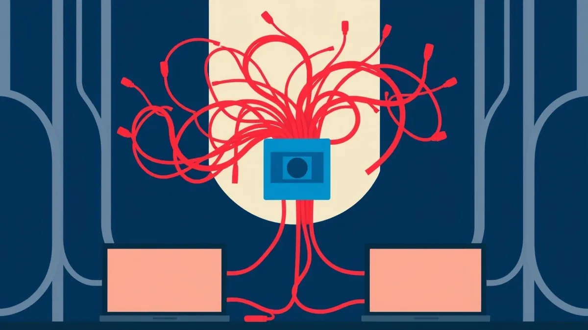 Illustration: A chaotic tangle of red data cables sprouts from a single blue network hub, twisting into unnatural knots and spirals that defy standard routing.