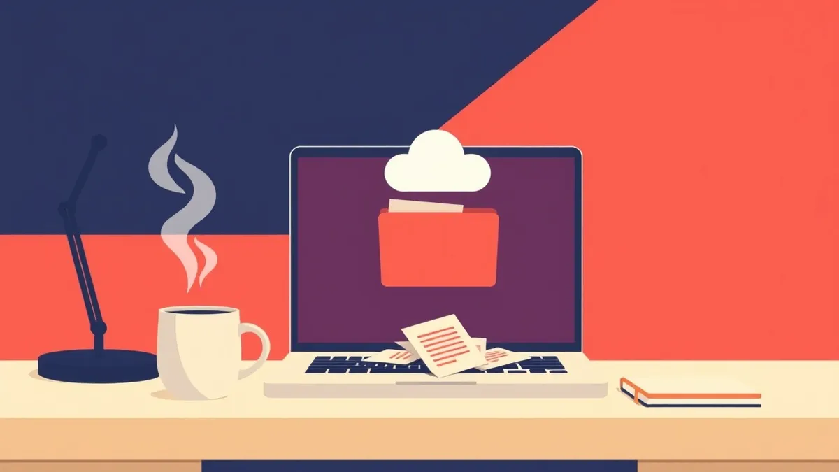 Illustration: A small office desk holds an open laptop next to a steaming coffee mug.