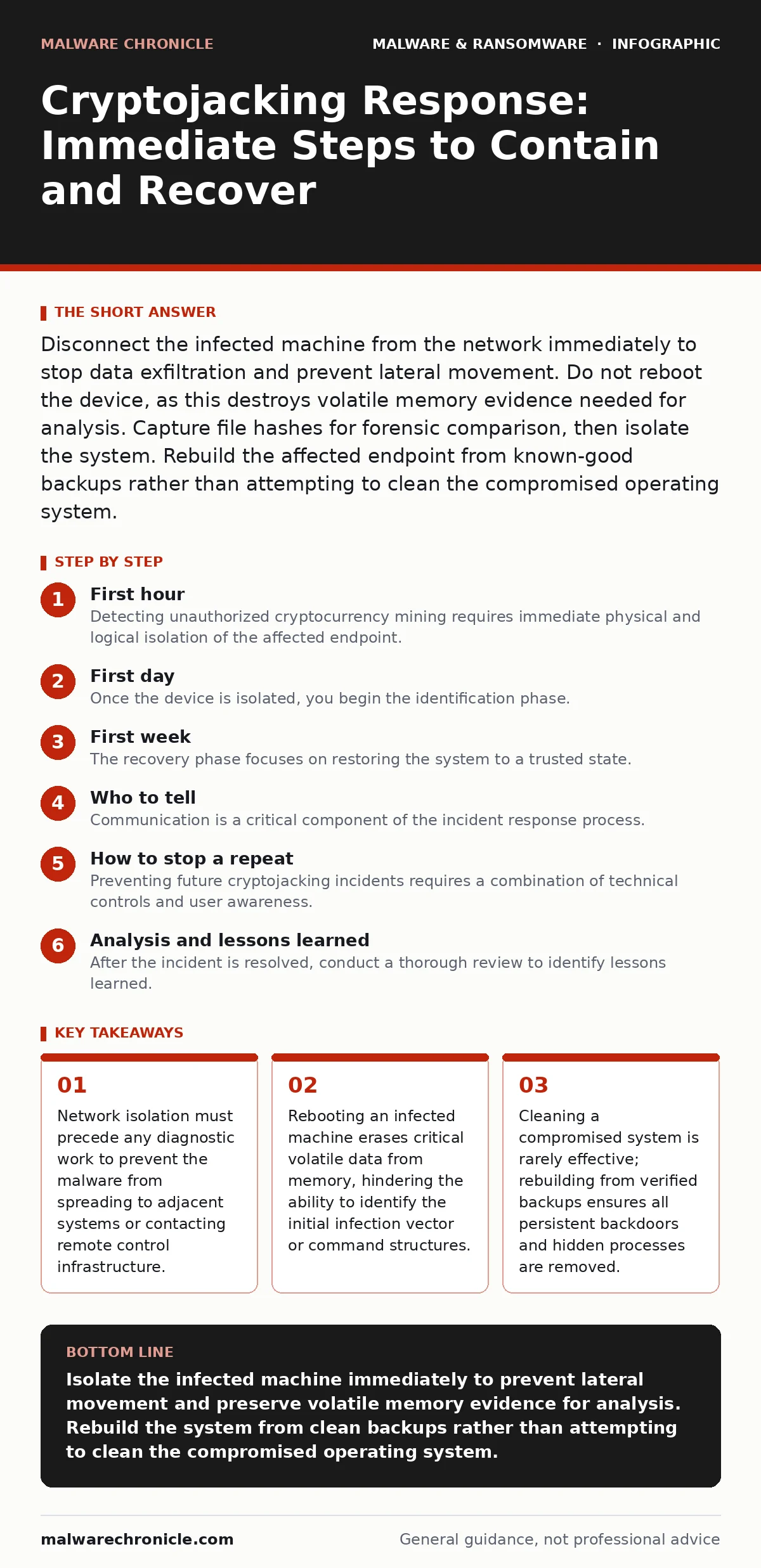 Infographic: Cryptojacking Response: Immediate Steps to Contain and Recover. Network isolation must precede any diagnostic work to prevent the malware from spreading to adjacent systems or contacting remote control infrastructure. Rebooting an infected machine erases critical volatile data from memo