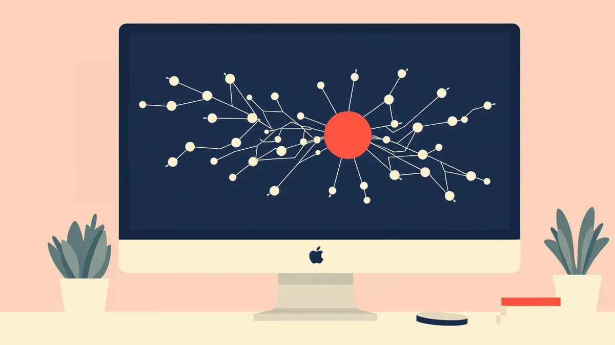 Illustration: A desktop computer monitor displays a complex, abstract network graph with pulsing nodes and connecting lines.