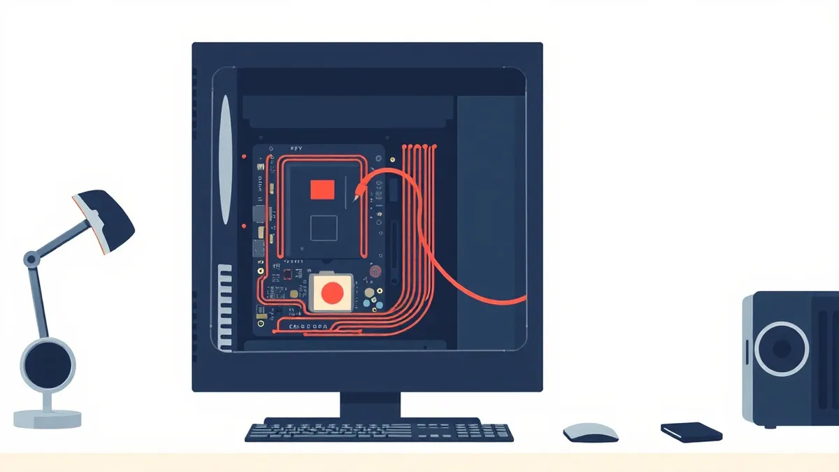 Illustration: A sleek desktop computer sits on a clean white desk, its tower case open to reveal the internal circuit board.