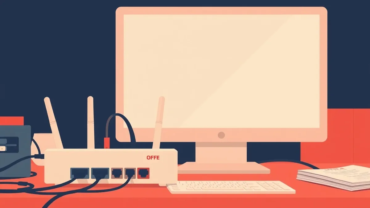 Illustration: A blank computer monitor sits on a cluttered desk beside a generic hardware router with multiple ethernet cables plugged in.