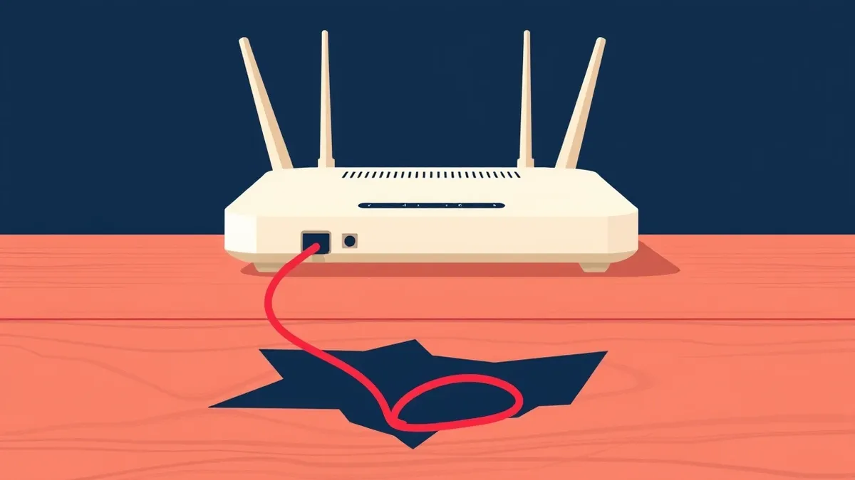 Illustration: A white wireless router sits on a wooden desk with its antennas angled upward.