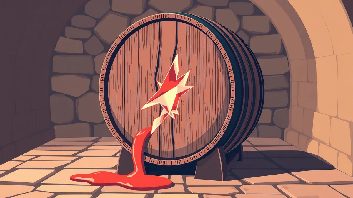 Illustration: A wooden wine barrel sits in a cellar with a cracked stave leaking red liquid onto stone floors.