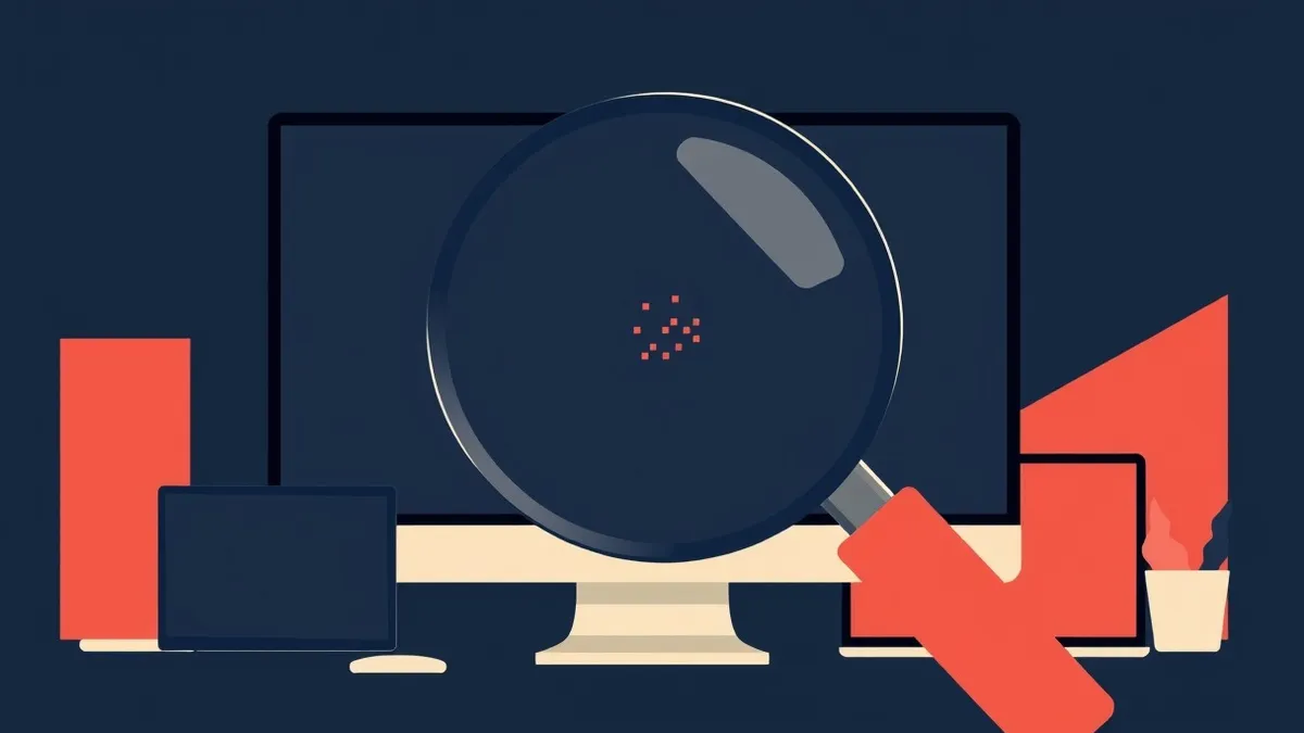 Illustration: A magnifying glass hovers over a blank, shadowed computer screen that displays only faint, abstract geometric patterns.