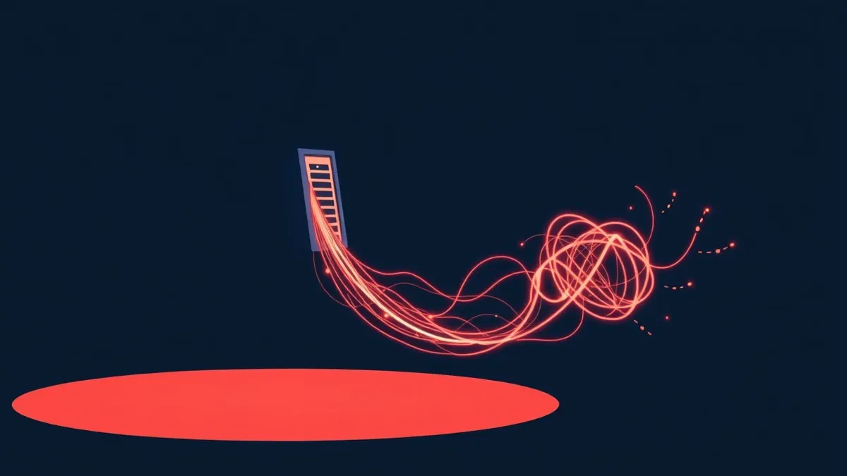 Illustration: A single server blade sits isolated in the dark, emitting a thin stream of glowing data particles that twist into complex, tangled knots before dissolving into static