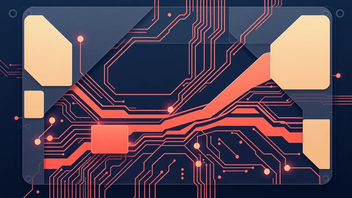 Illustration: A transparent circuit board reveals intricate internal pathways with glowing streams racing ahead of solid data blocks.