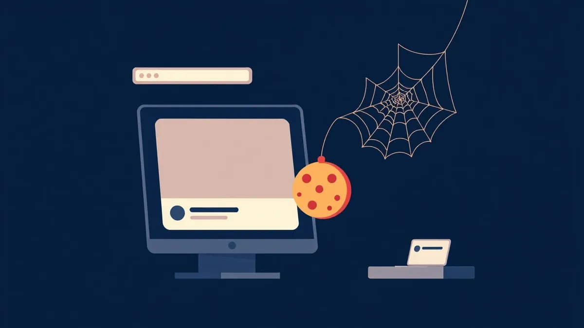 Illustration: A browser window displaying a blank chat interface sits beside a sneaky spider web that catches a glowing cookie.