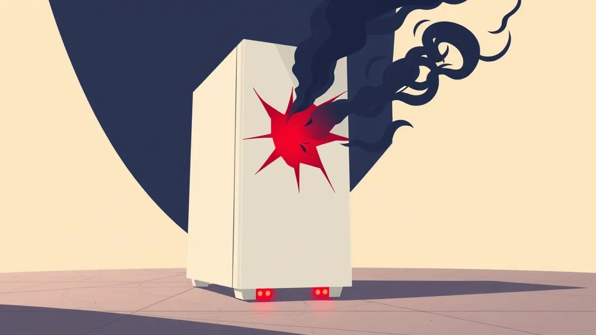 Illustration: A white server tower with a cracked, glowing panel sits on a concrete floor.