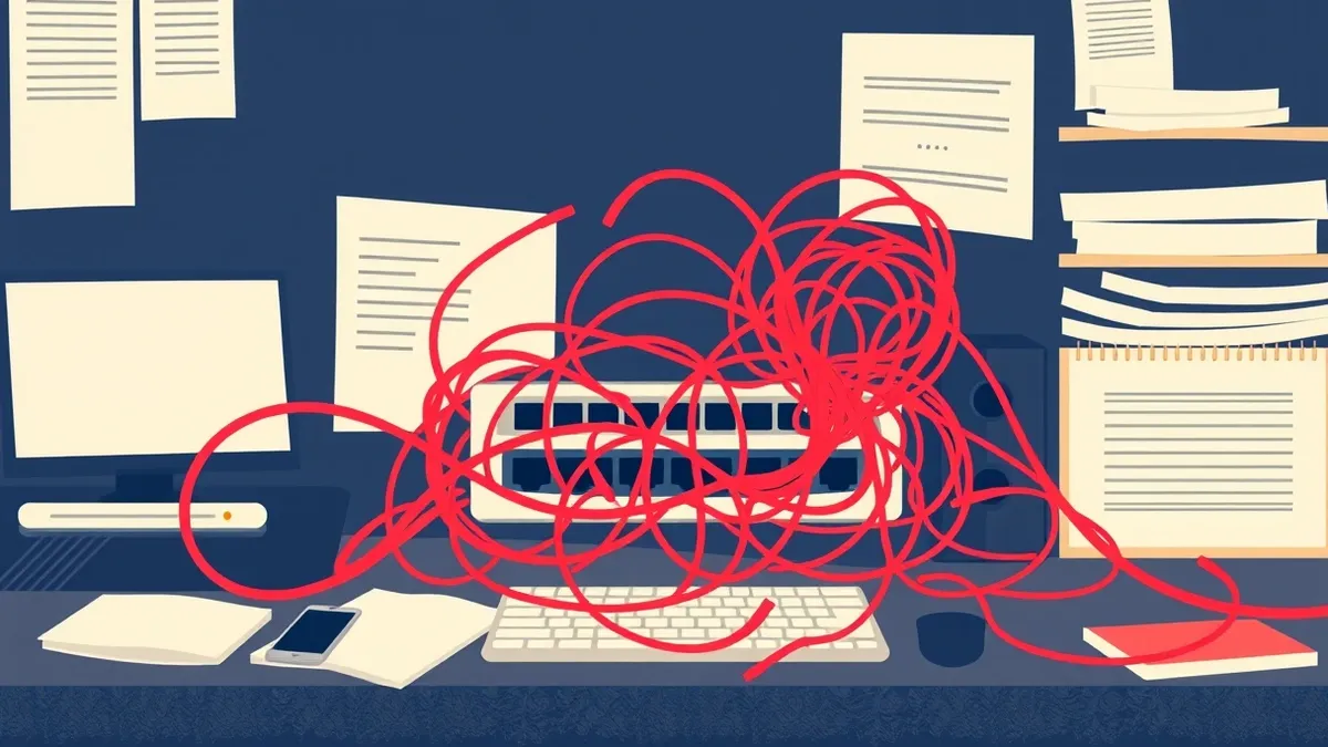 Illustration: A tangled knot of red cables sprawls across a cluttered desk, wrapping around an unsecured network router with open ports.