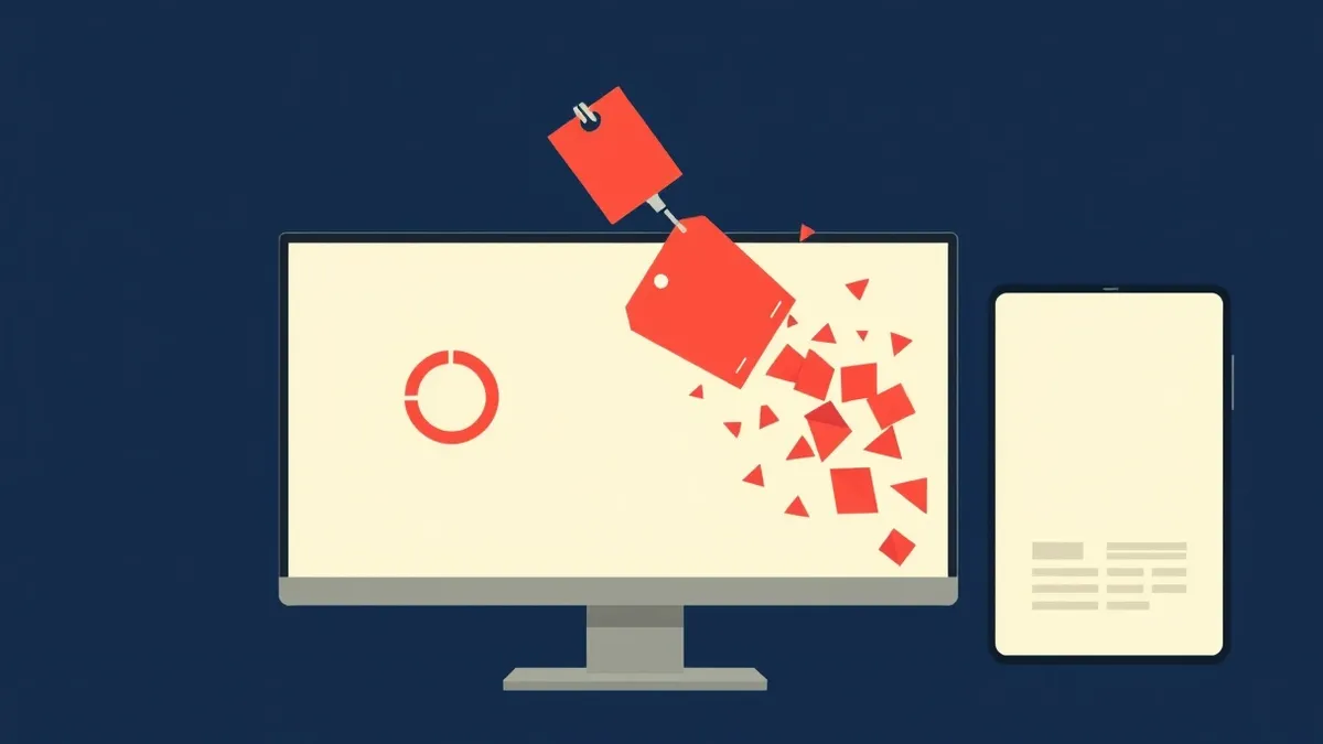 Illustration: A sleek computer monitor displays a blank ticketing interface with a spinning progress ring.