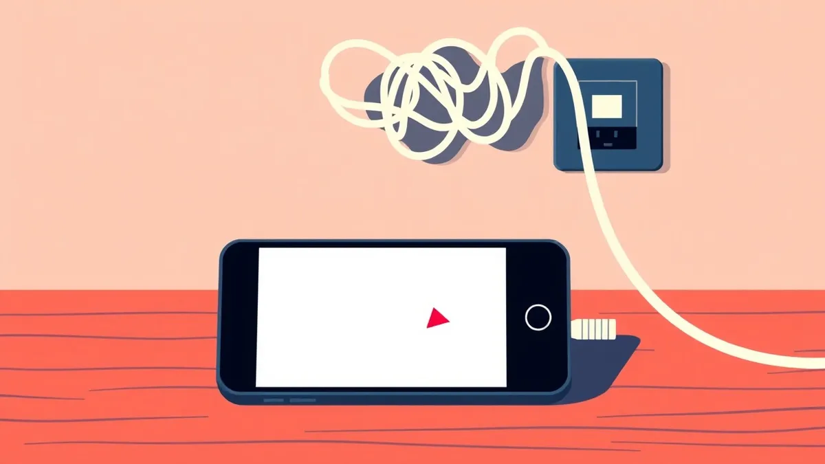 Illustration: A sleek black smartphone rests on a wooden desk, its screen displaying a blank remote access interface with a single red warning triangle.