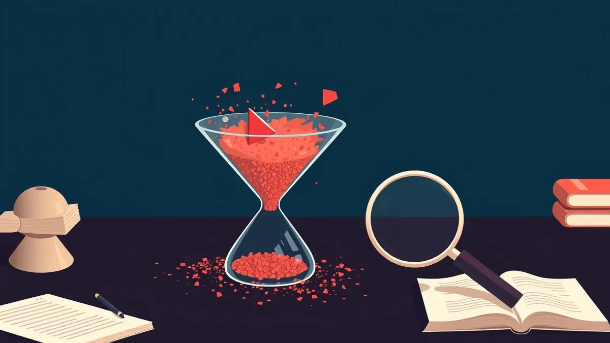 Illustration: A transparent crystal funnel rests on a dark desk, filtering a chaotic storm of colored dust into a single clear stream.