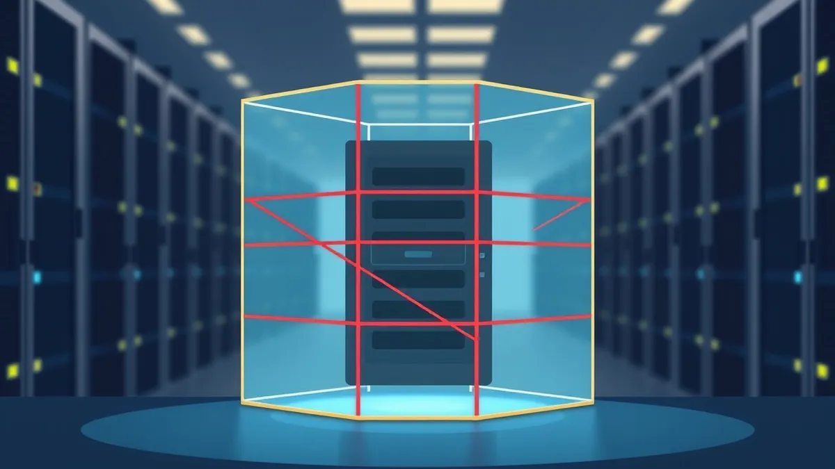 Illustration: A single cloud server node sits isolated within a transparent geometric cage.
