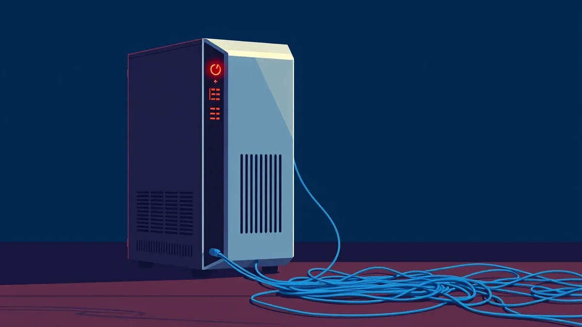 Illustration: A sleek silver server tower sits on a dark wooden desk with its side panel removed to expose the internal circuitry.