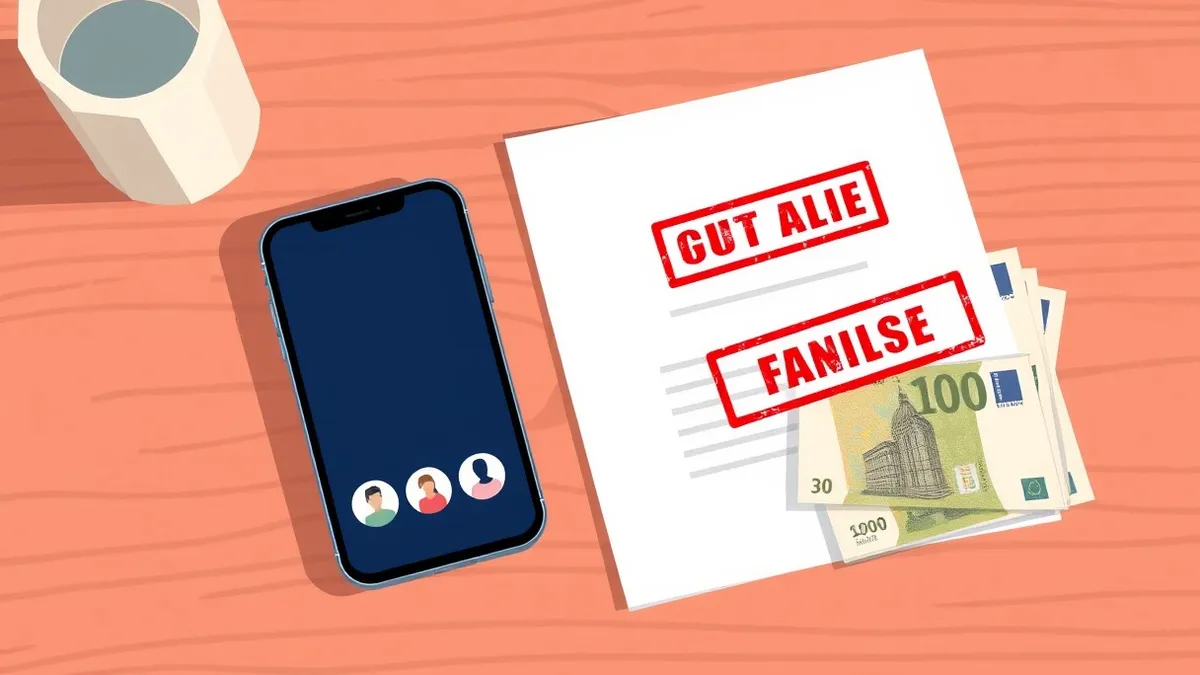 Illustration: A blank smartphone displaying a generic dating app interface sits on a wooden table next to a blank official legal document and a stack of euro banknotes.