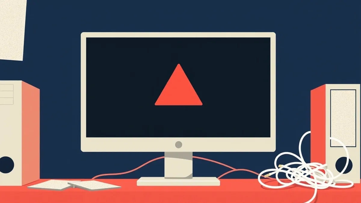 Illustration: A blank computer monitor sits on a cluttered desk next to a tangled white ethernet cable.