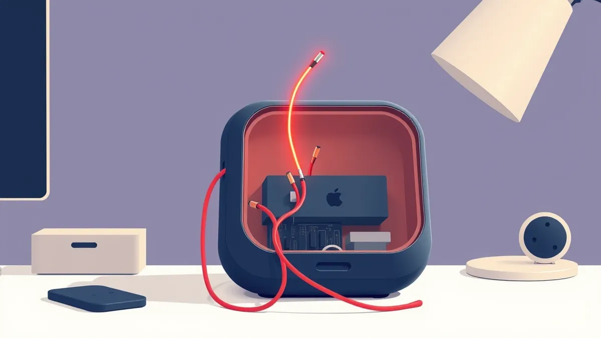 Illustration: A sleek, standalone AI assistant device sits on a clean white desk with its protective casing cracked open.