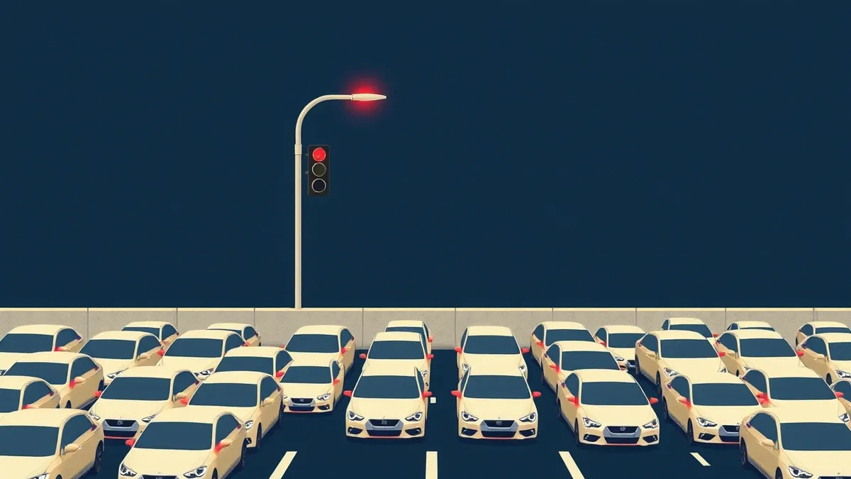 Illustration: A traffic light glows red atop a smooth concrete road divider, halting a dense stream of identical white cars.