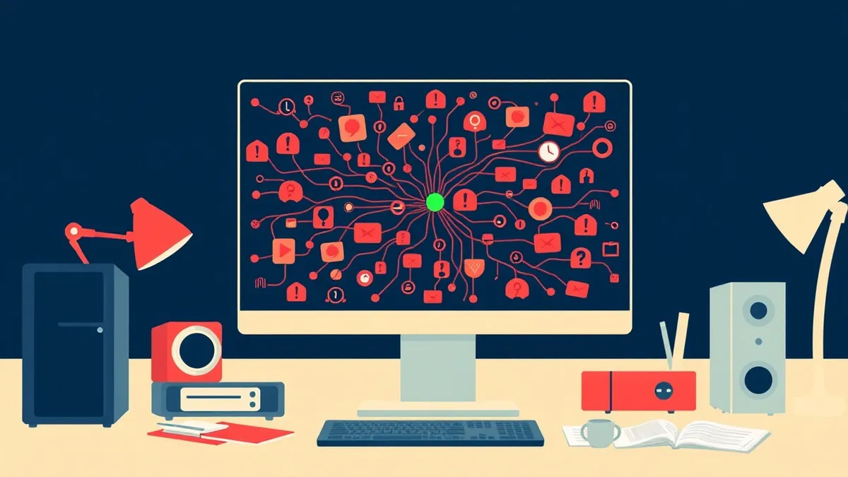 Illustration: A cluttered desk holds a single computer monitor displaying a chaotic web of red alert icons and tangled connection lines.
