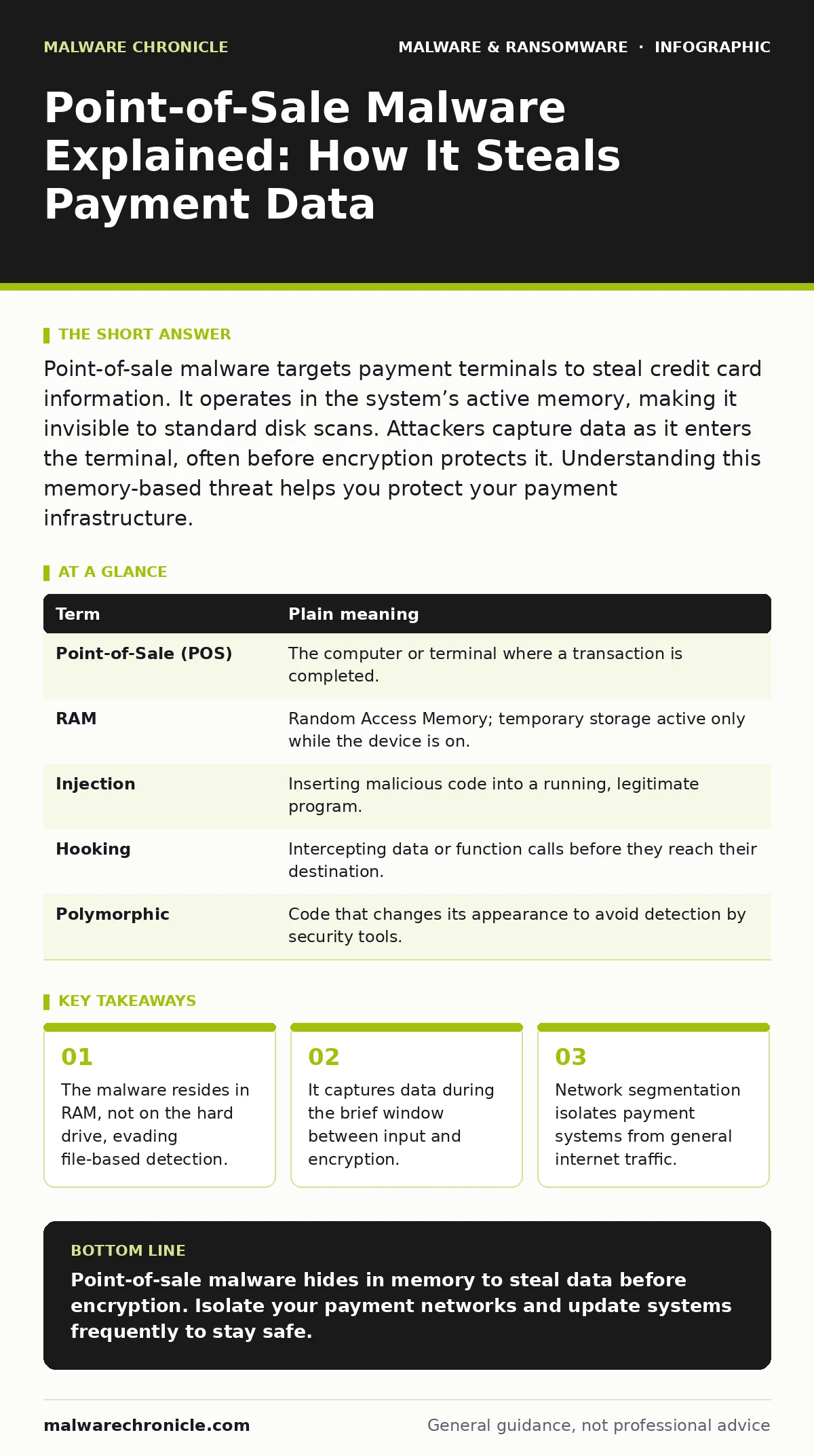 Infographic: Point-of-Sale Malware Explained: How It Steals Payment Data. The malware resides in RAM, not on the hard drive, evading file-based detection. It captures data during the brief window between input and encryption. Network segmentation isolates payment systems from general internet traffi