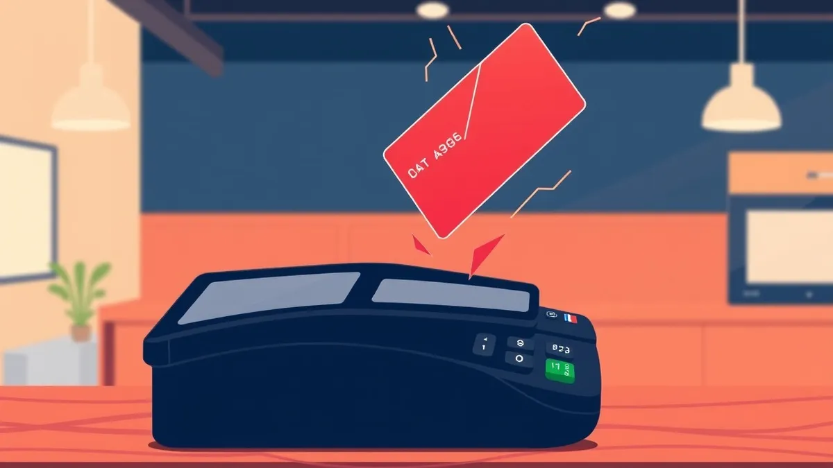 Illustration: A sleek black payment terminal sits on a wooden counter, its blank screen reflecting overhead lights.