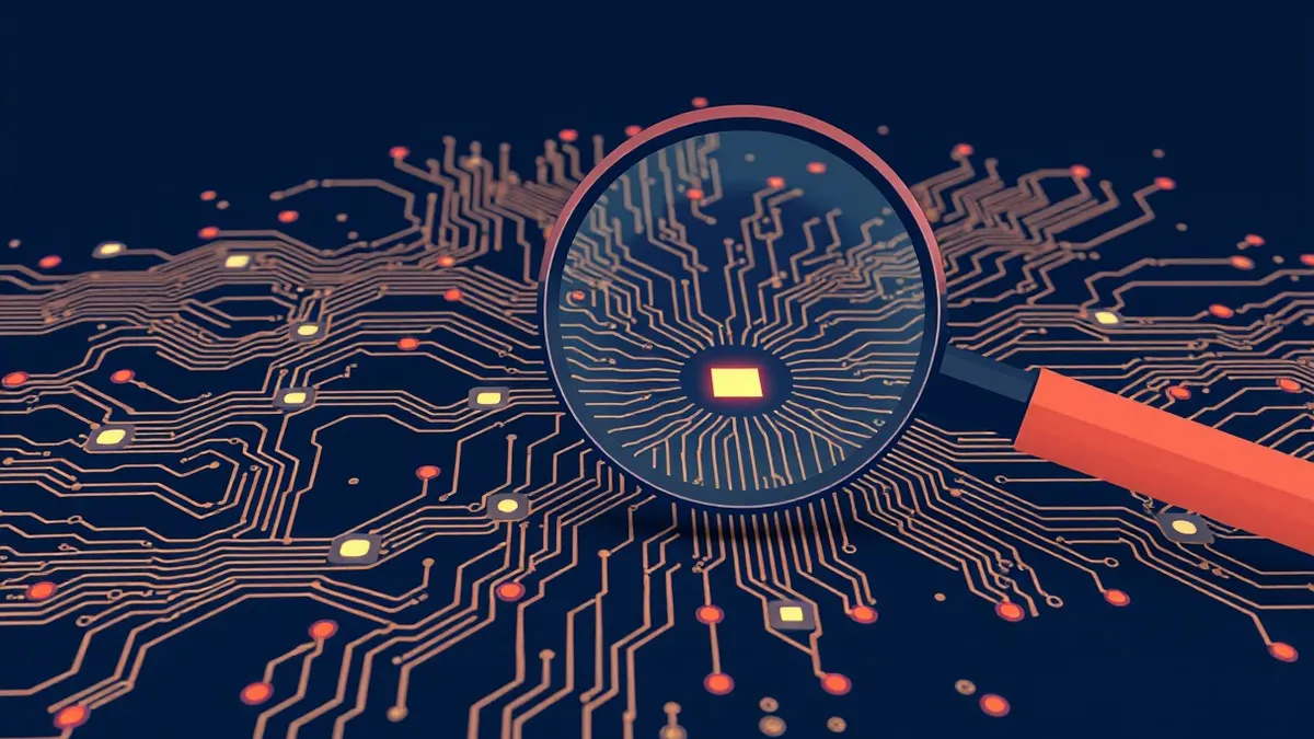 Illustration: A magnifying glass hovers over a complex tangle of glowing circuit lines on a dark surface.