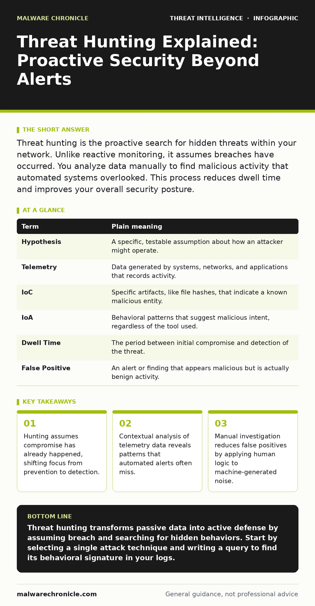 Infographic: Threat Hunting Explained: Proactive Security Beyond Alerts. Hunting assumes compromise has already happened, shifting focus from prevention to detection. Contextual analysis of telemetry data reveals patterns that automated alerts often miss. Manual investigation reduces false positives