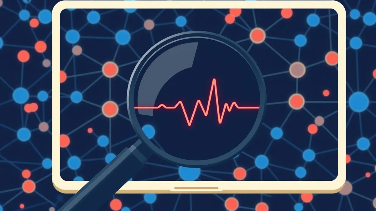 Illustration: A magnifying glass hovers over a dark, intricate web of glowing blue connections and red anomaly nodes.