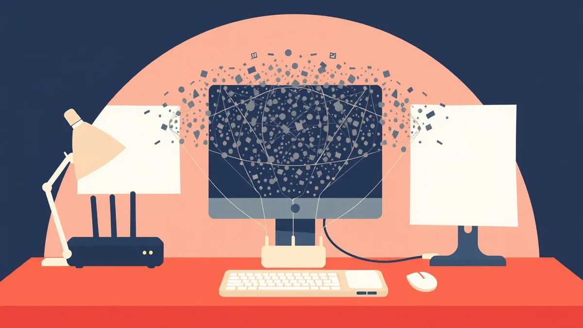 Illustration: A modest office desk holds a single desktop computer connected to a simple router.