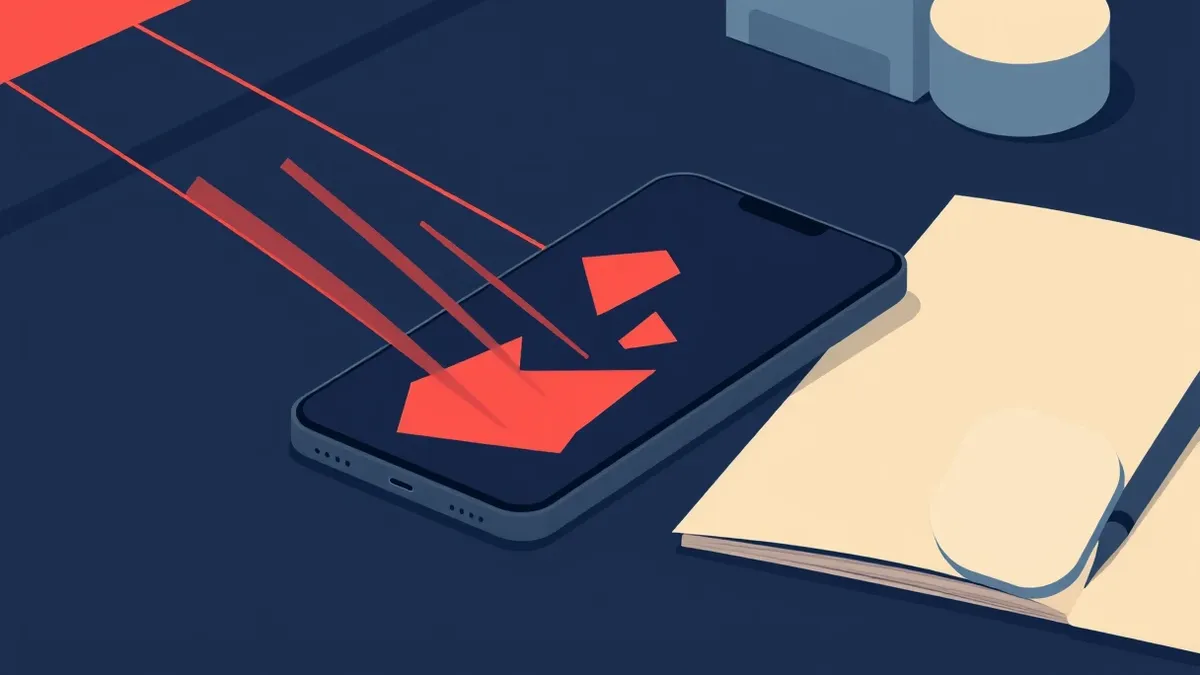 Illustration: A sleek smartphone rests on a dark desk, its screen glowing with abstract geometric shapes.