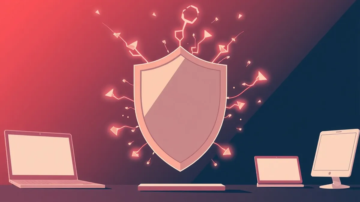 Illustration: A translucent, segmented shield materializes in mid-air, intercepting a stream of glowing, jagged data packets.